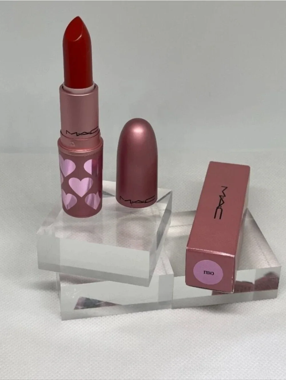 NIB Mac Matte Lipstick CHILI - Limited Edition Pink Heart Tube 0.1 Oz/3g